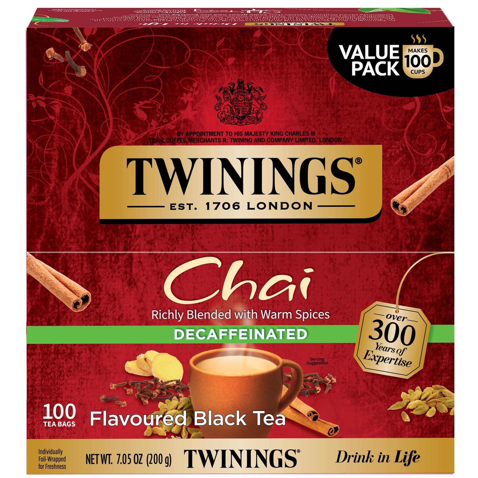 Twinings Decaffeinated Chai Individually Wrapped Bags, 100 Count (Pack of 1)