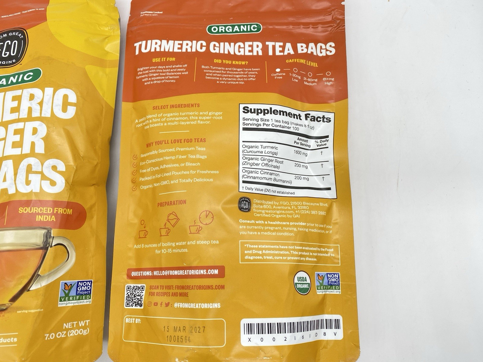 Organic Turmeric Ginger Tea – Eco-Conscious Tea Bags – 200 Count – BB:03/2027