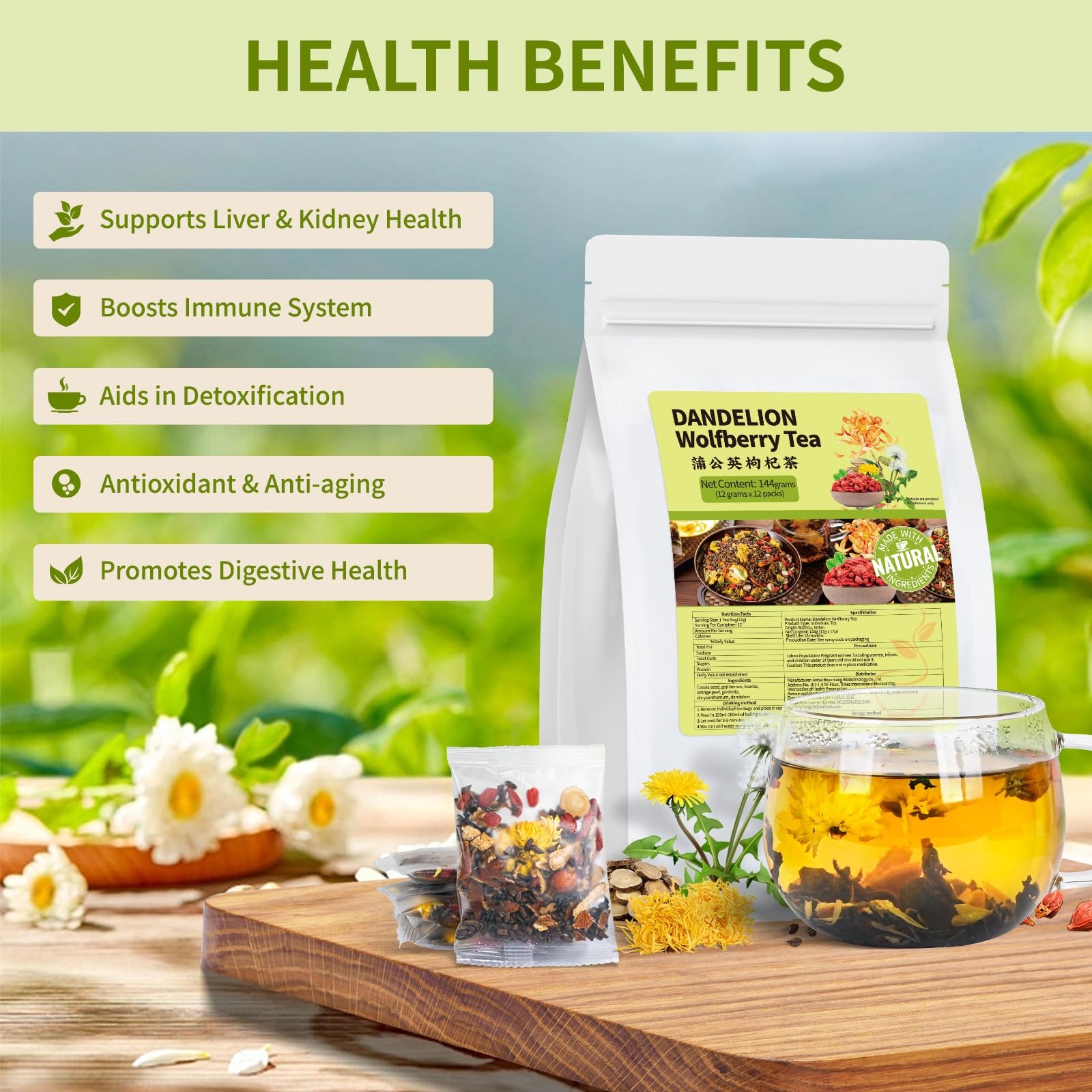 Dandelion Wolfberry Tea Bags, Natural Kidneys & Liver Health Tea with Dandelion,