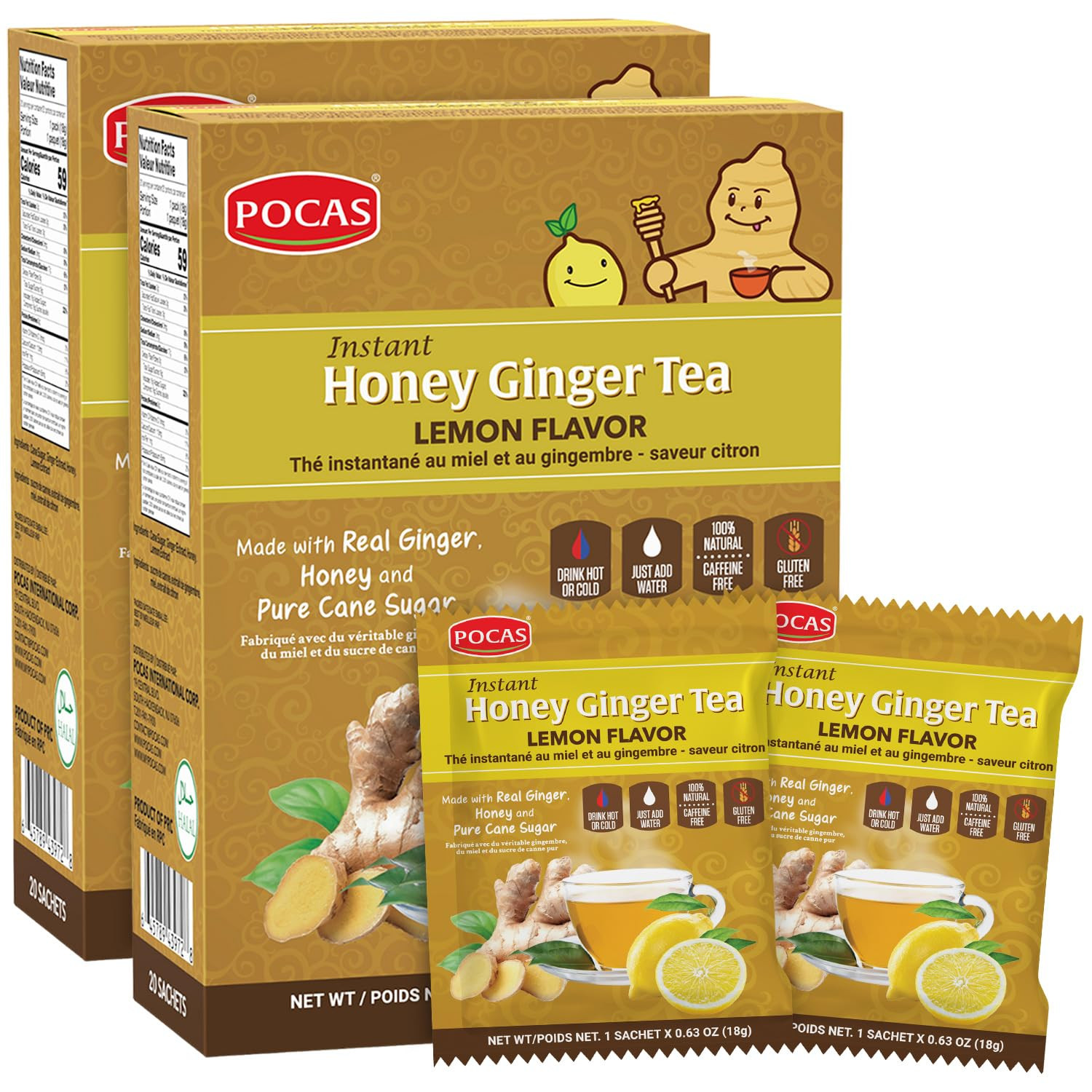 Pocas Honey Ginger Instant Tea Powder, Lemon Flavor 2-Pack, Ginger Extract & Rea