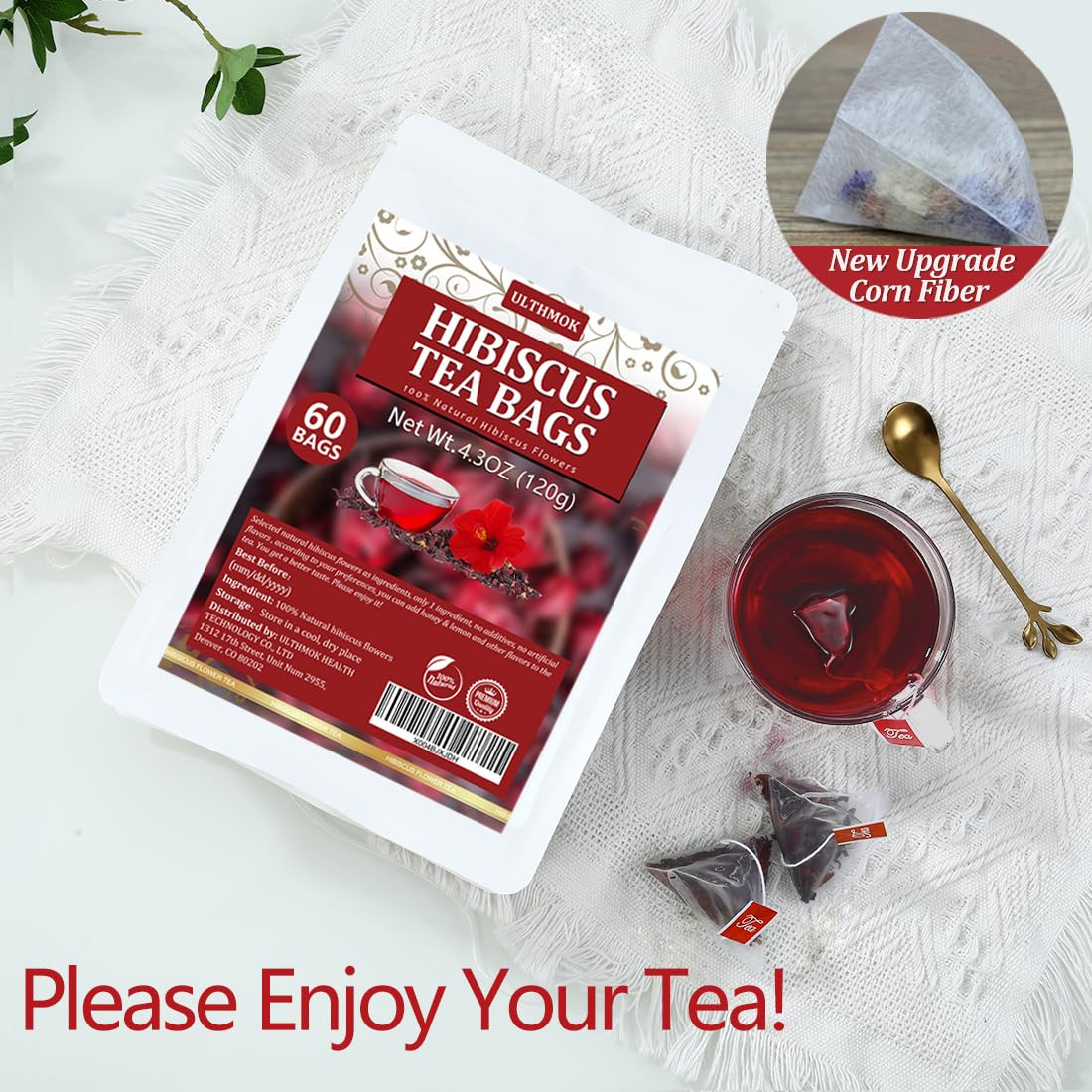 Premium Hibiscus Tea Bags,60 Tea Bags 2G /4.24 Oz,100% Pure Dried Hibiscus Flowe