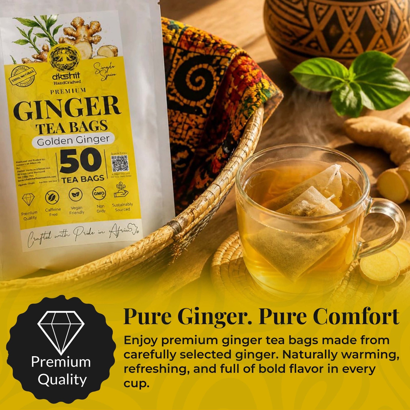 50 Ginger Tea Bags – Pure Ginger Tea – Herbal Tea Infusion