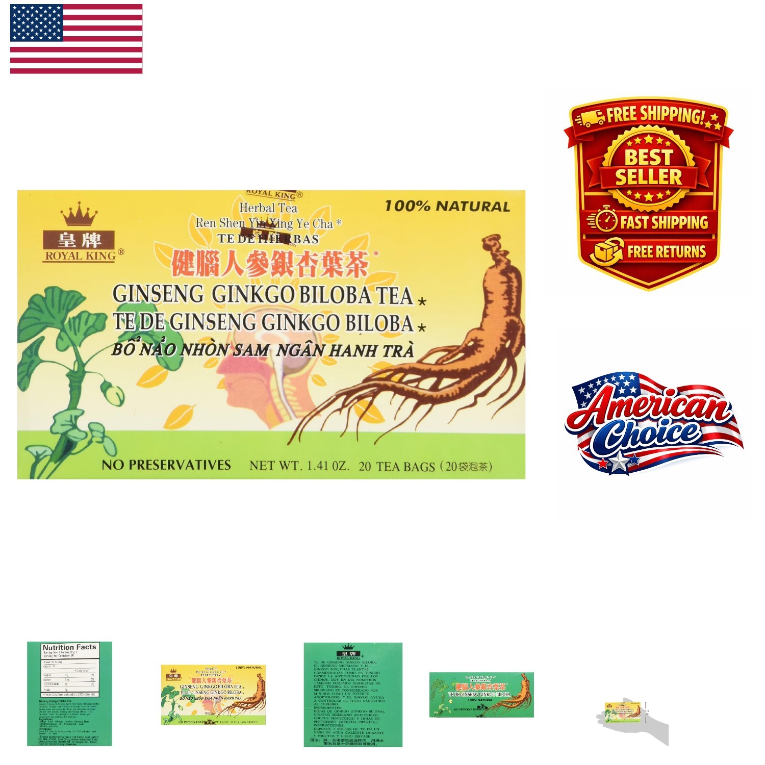 Herbal Ginseng Ginkgo Biloba Tea – 20 Bags of Mental and Physical Support