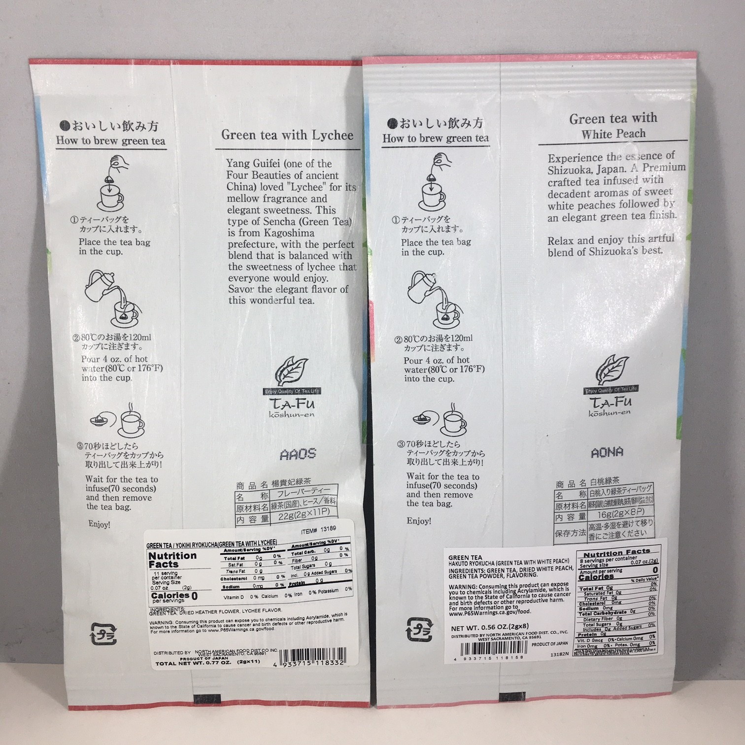 SET of 2 Pack Japanese TA-FU Green Tea Bags (White Peach, Lychee) Made in Japan