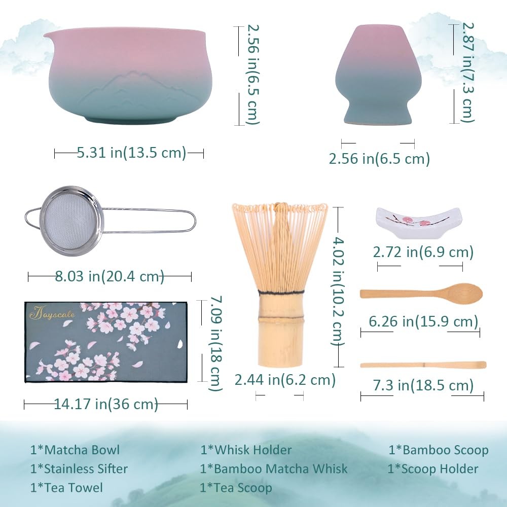 Matcha Whisk Set Japanese Tea Ceremony Kit 18 Oz Bowl 8 Pc Pink Green