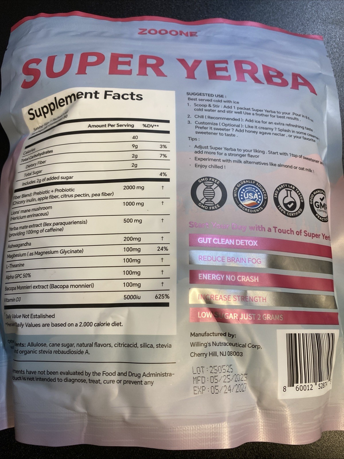 Zooone Super Yerba Instant Powder- Raspberry Lemonade –30 Servings