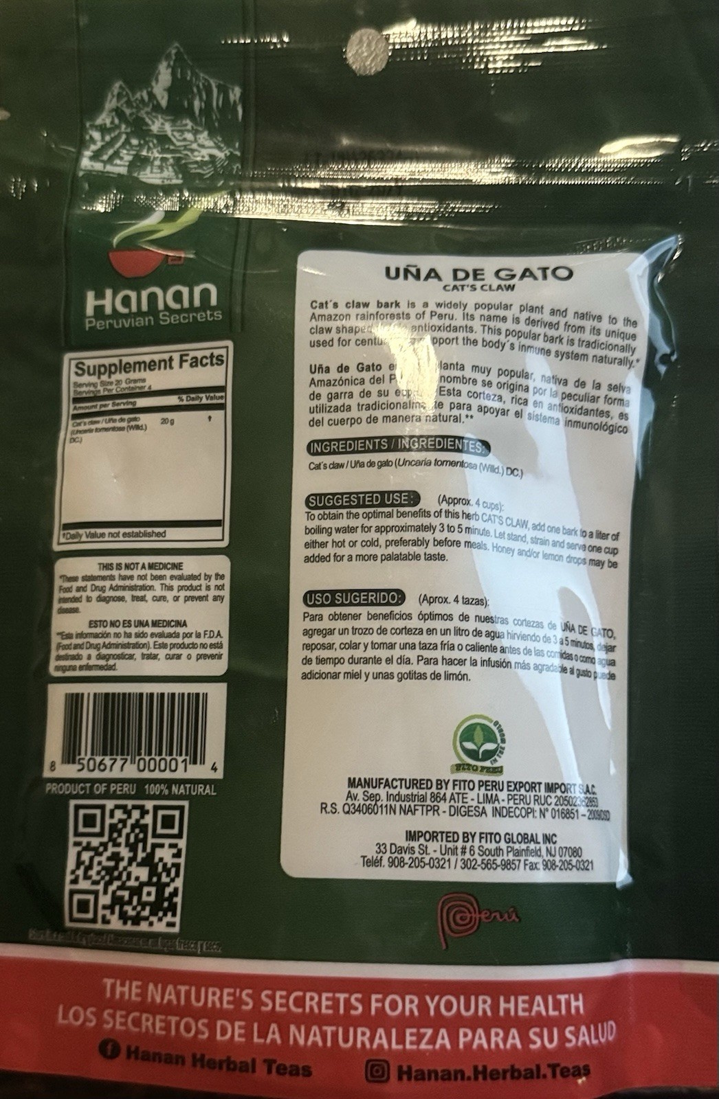 Hanan Peruvian Secrets Una De Gato Herbal Tea | 100% Natural Cat’s Claw Bark