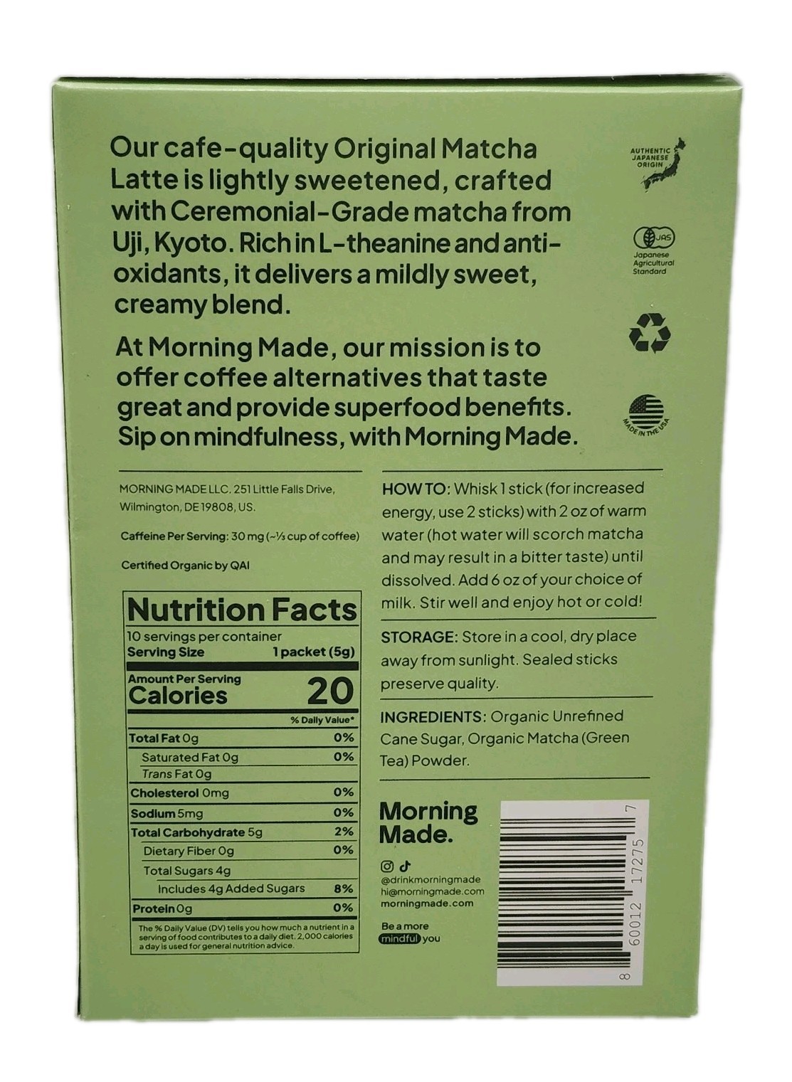 Morning Made Ceremonial Grade Matcha Latte Original 10 Serving Organic 2 Pk Tea