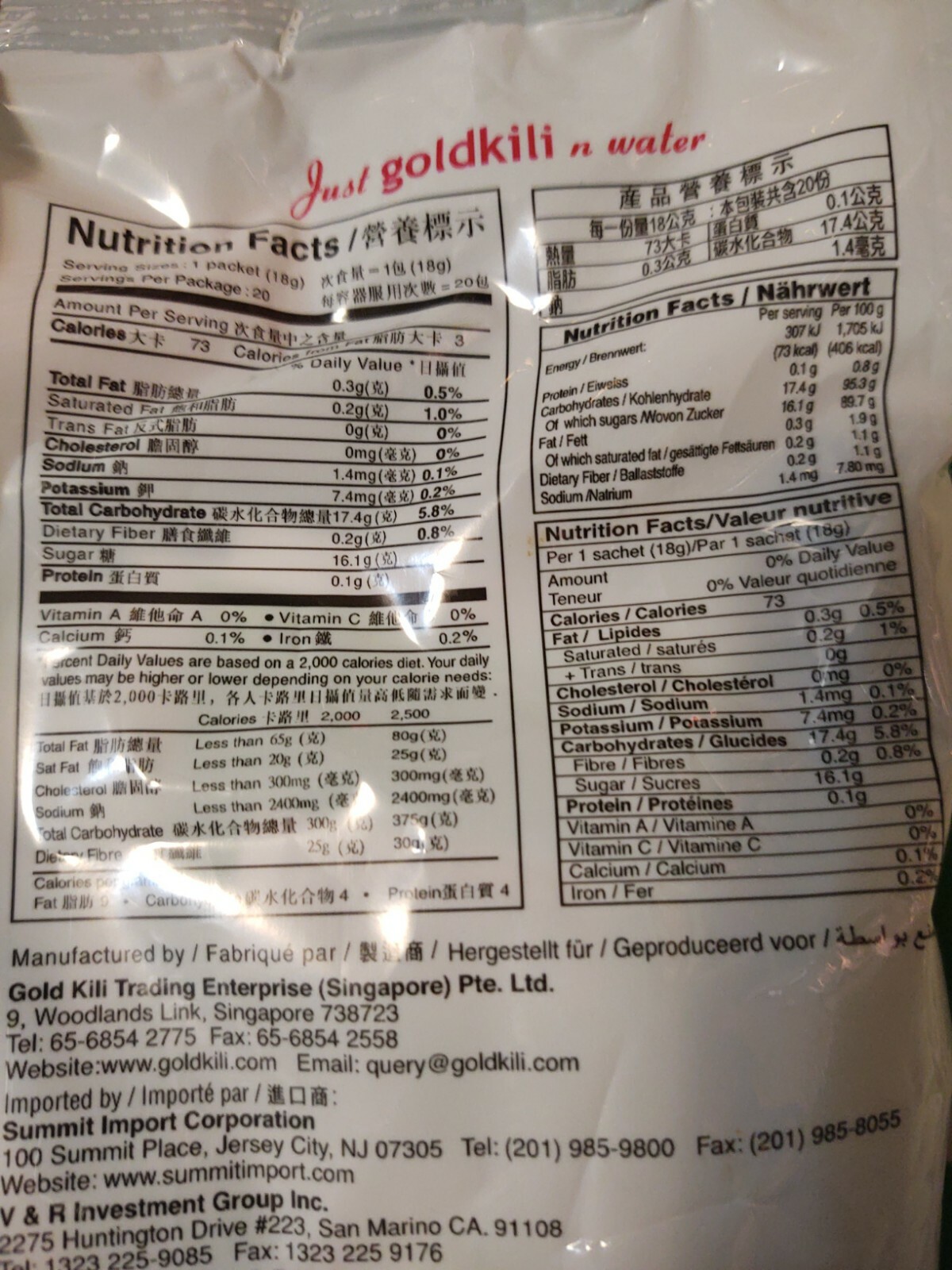 Gold Kili Natural Instant Honey Ginger Tea Drink, 360g Bag (20 Sachets)