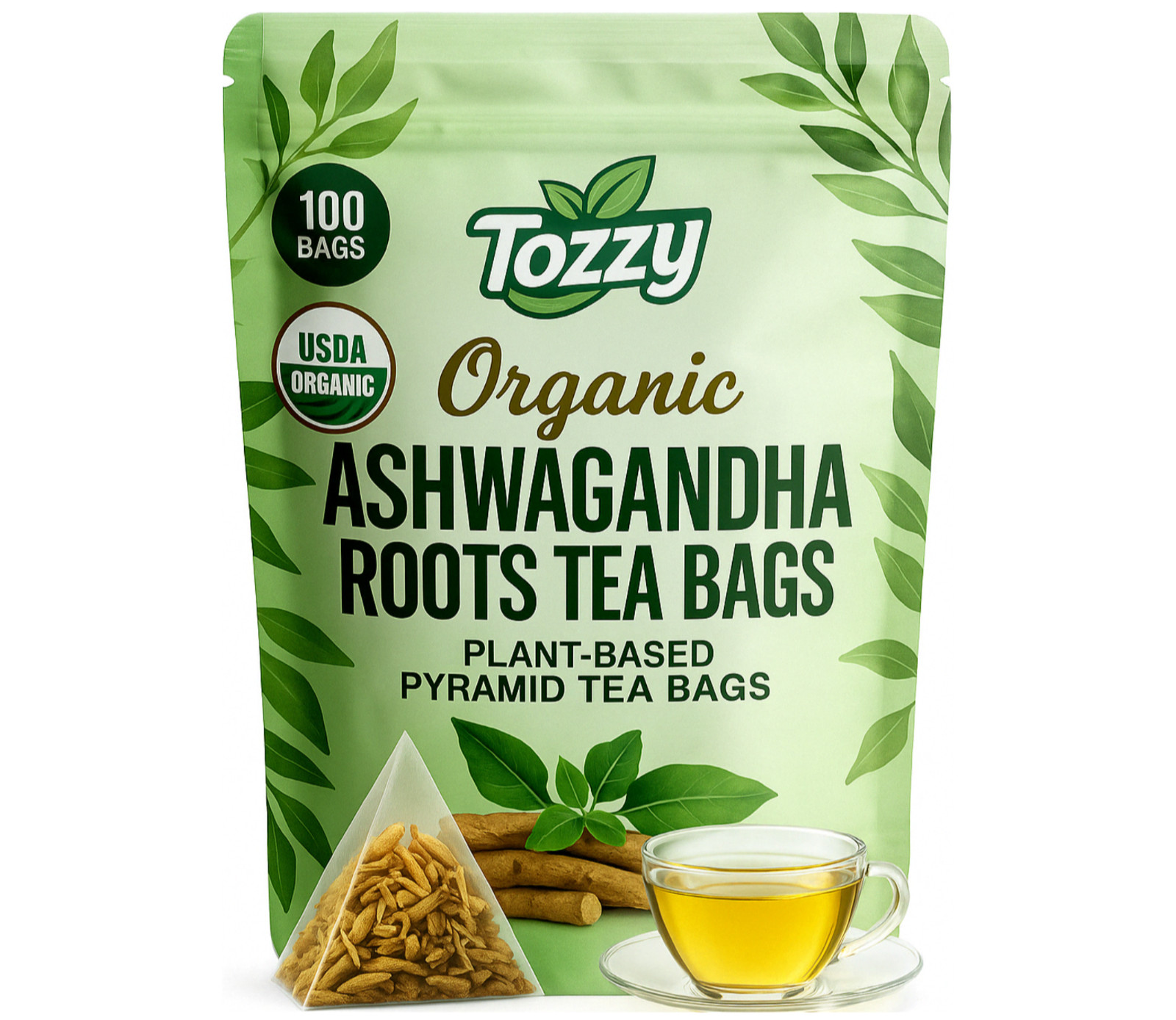 100 Count Organic Ashwagandha Tea Bags | USDA Organic | Plant-Based Pyramid Bags