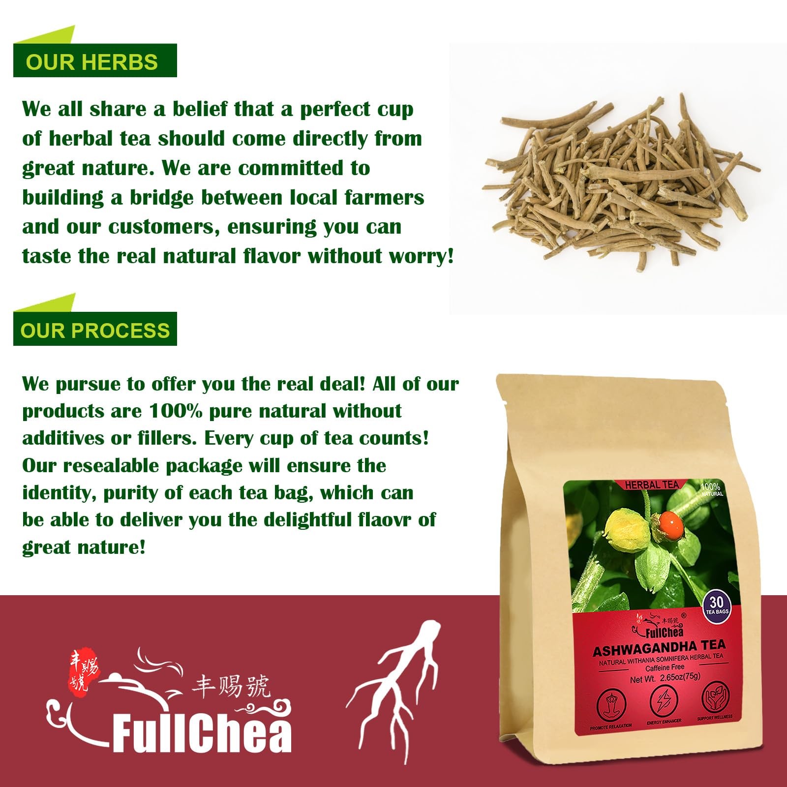 FullChea – Ashwagandha Tea, 2.5g X 30 Count – Sourced 30 (Pack of 1)