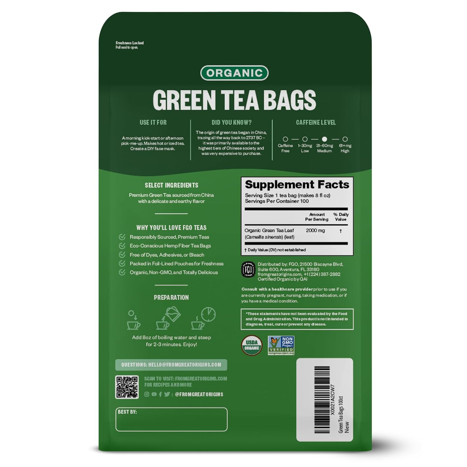 Organic Green Tea – Eco-Conscious Tea Bags – 100 Count – Packaging May Vary (Pac