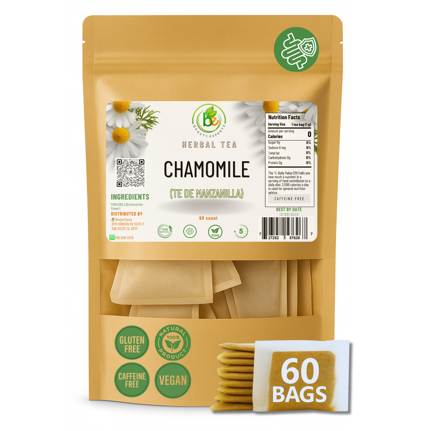 Manzanilla Té (ChamomileTea)–60 Tea Bags–100% Natural Infusion-by BEXPERTSUSA