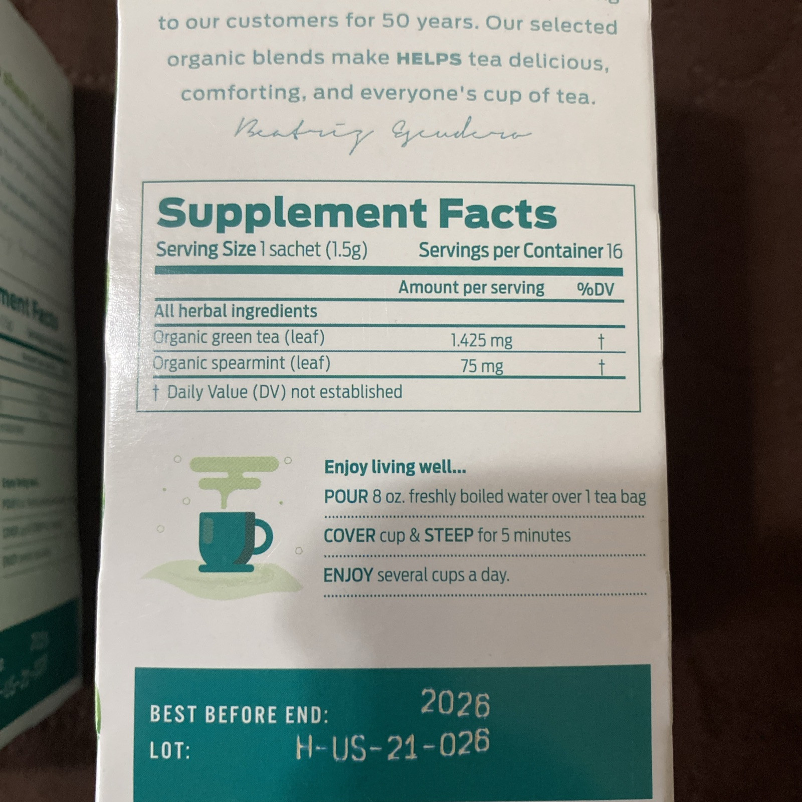 2 Boxes Helps Refresh Organic Green Tea W/Spearmint Herbal 16 Tea Bags Each