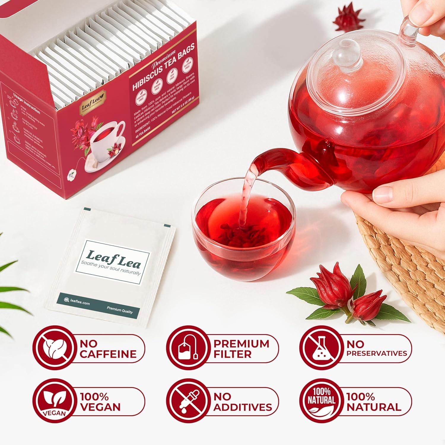 40 Premium Natural Hibiscus Tea Bags, 100% Pure from Hibiscus Flowers, Caffeine-