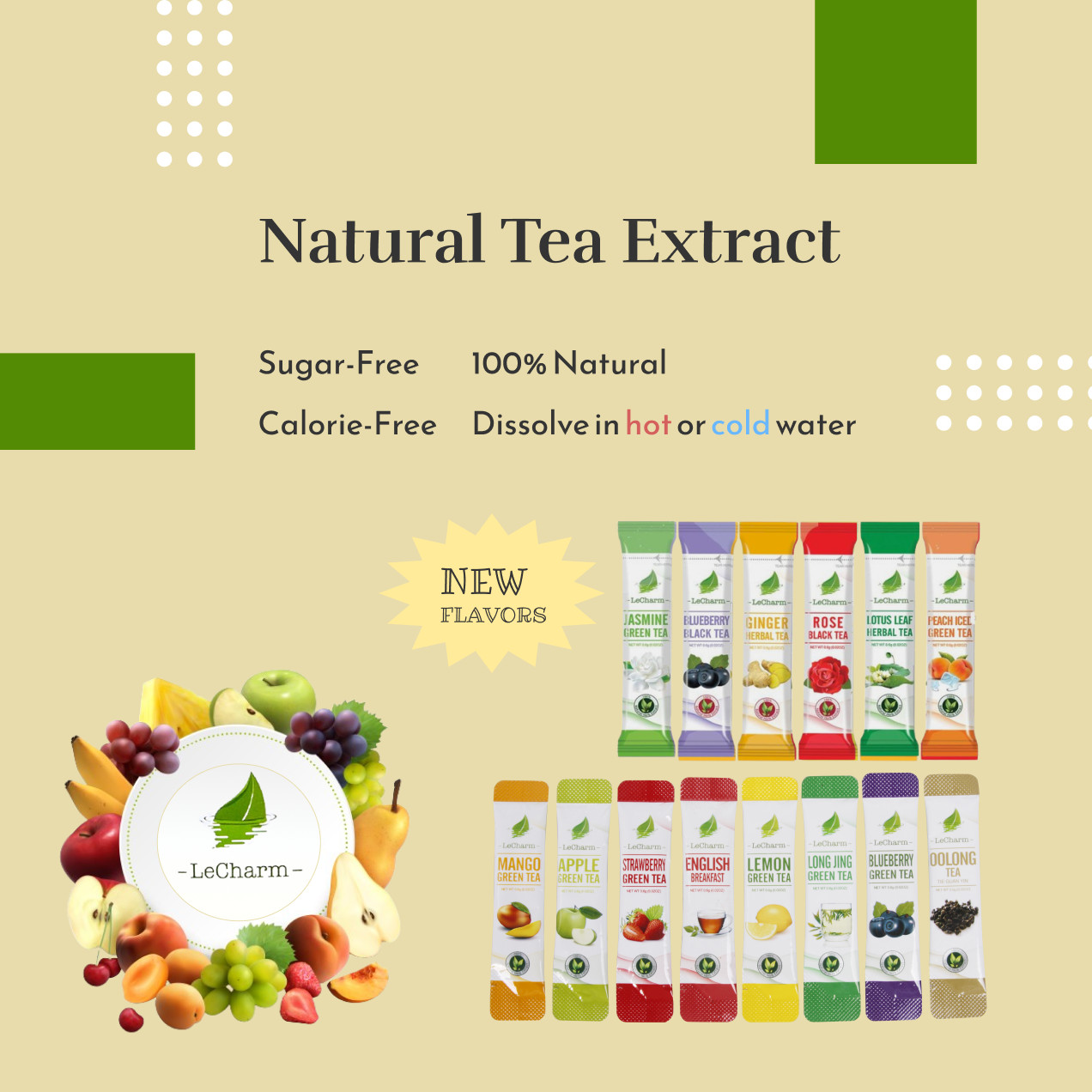 LeCharm 8-Flavor Premium Tea Powder: 100% Natural Herbal Detox Black Green Fruit
