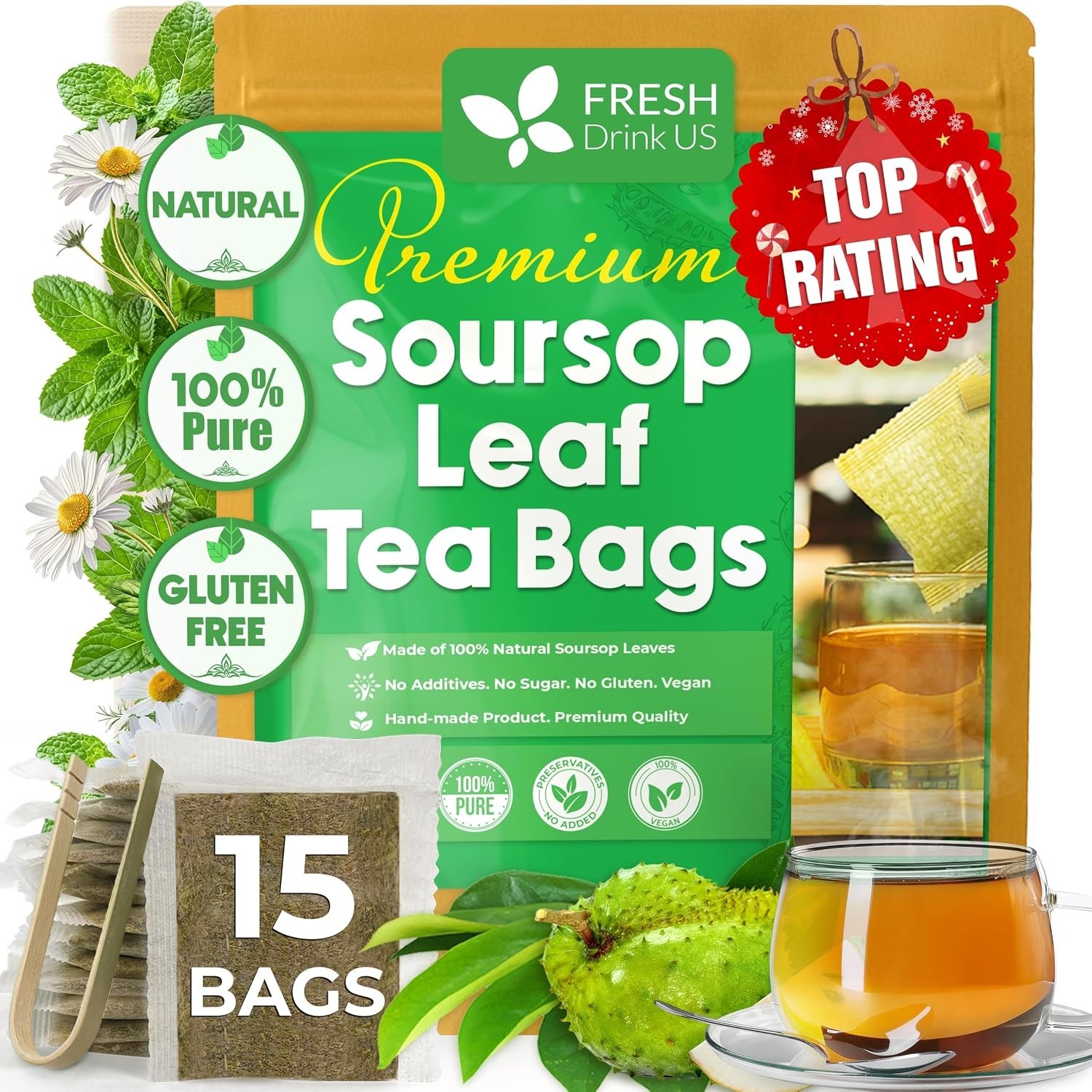 15 Soursop Graviola Leaf Tea Bags, 100% Natural and Pure from Soursop Leaves…