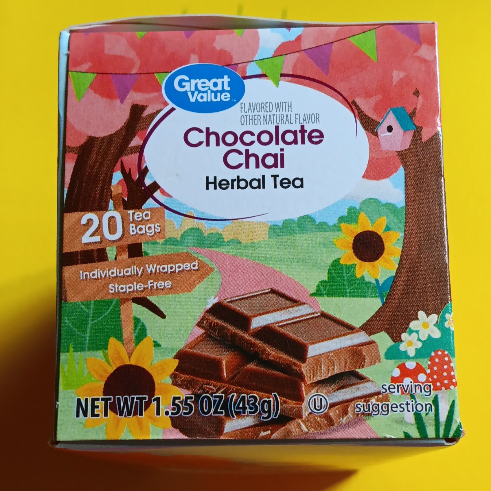 Great Value Chocolate Chai Herbal Tea Bags 20ct 1.55oz Exp 10/29/2027