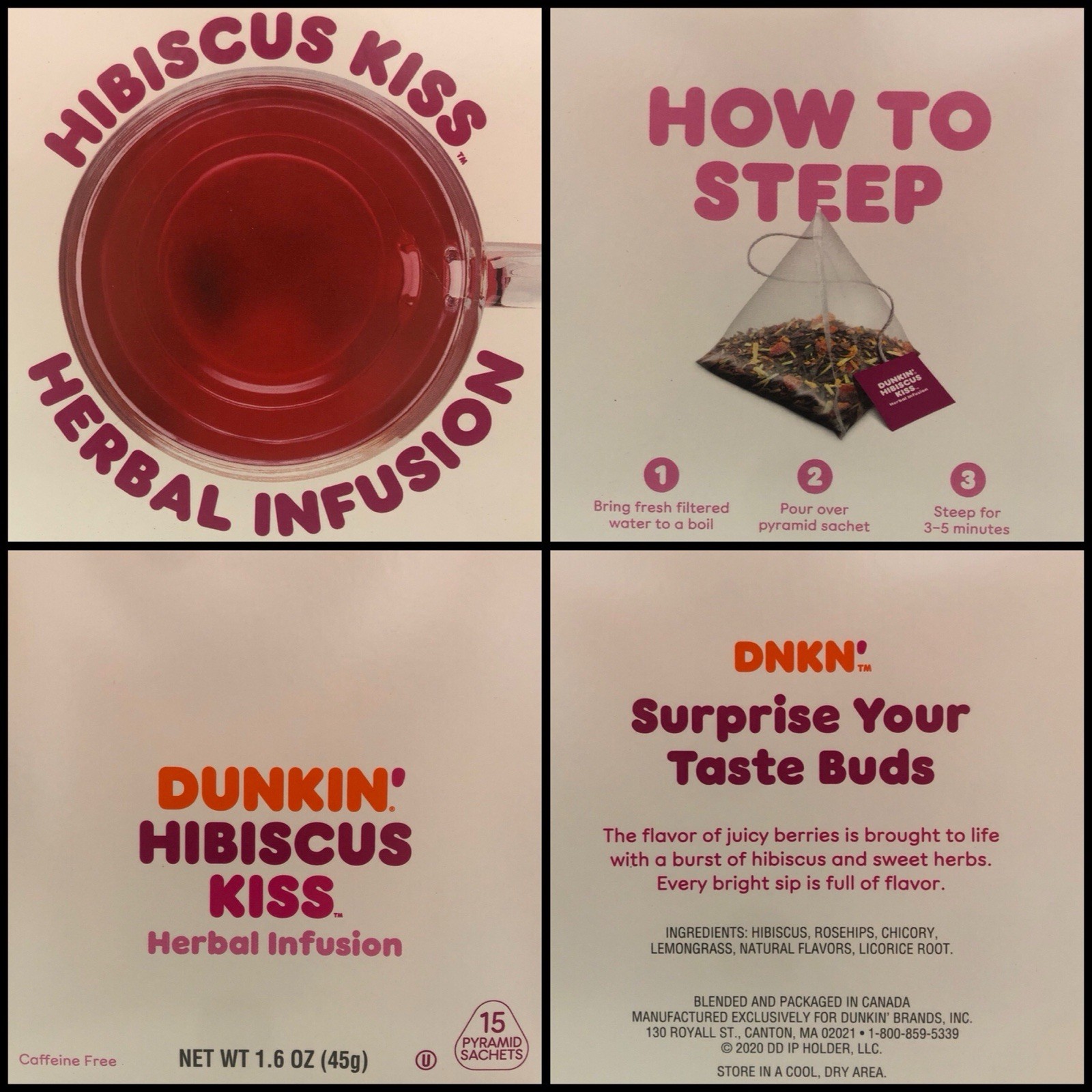 Dunkin’ Hibiscus Kiss Tea Total 30 Bags Herbal Infusion Caffeine Free 1.6 oz EA
