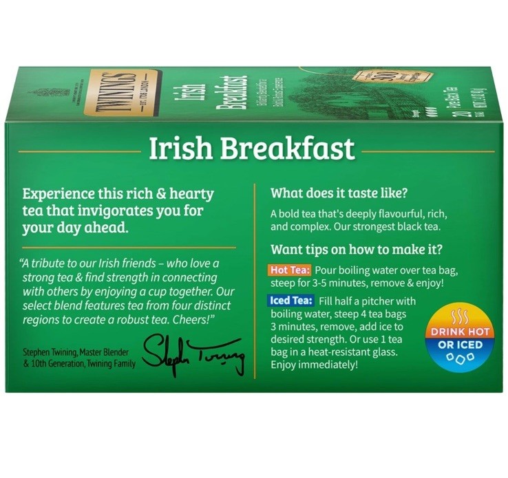 Twinings Irish Breakfast Tea Bags Bold Black Tea 20 Count Pack of 6