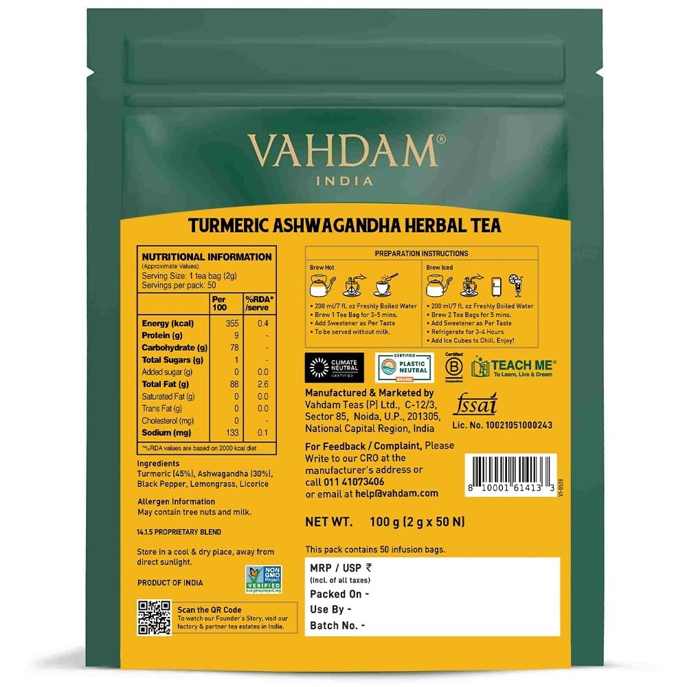 VAHDAM -Organic Turmeric Tea with Ashwagandha – 50 units FREE DELIVERY 7-10 DAYS