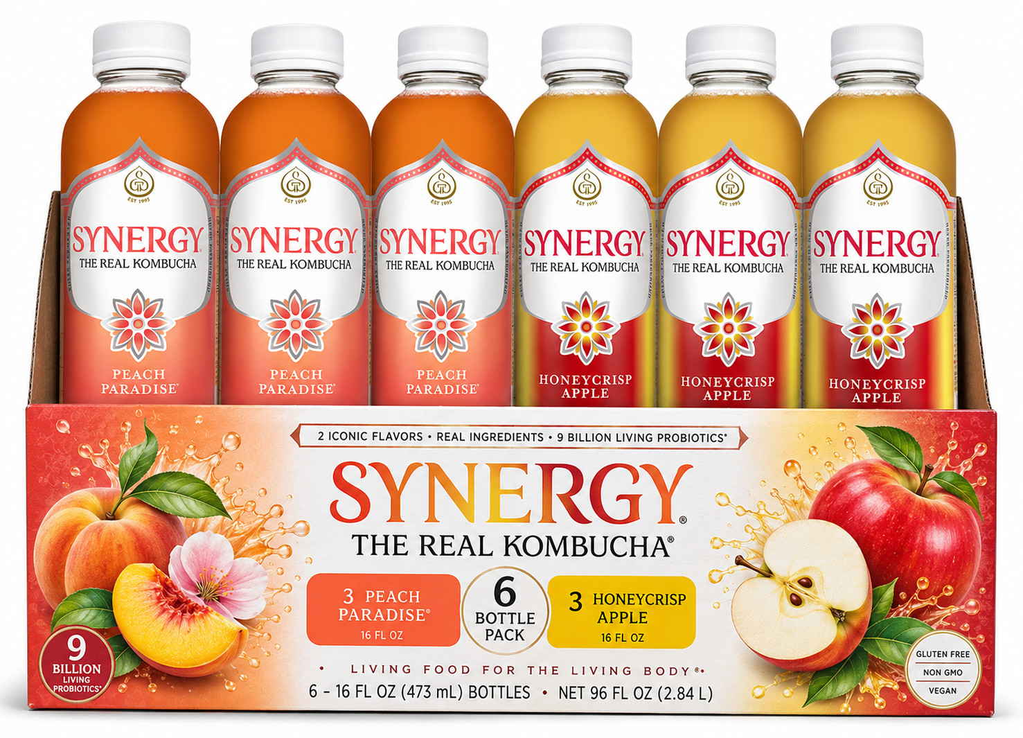 Synergy Kombucha Peach Paradise & Honeycrisp Apple 16oz 6 Pack Variety