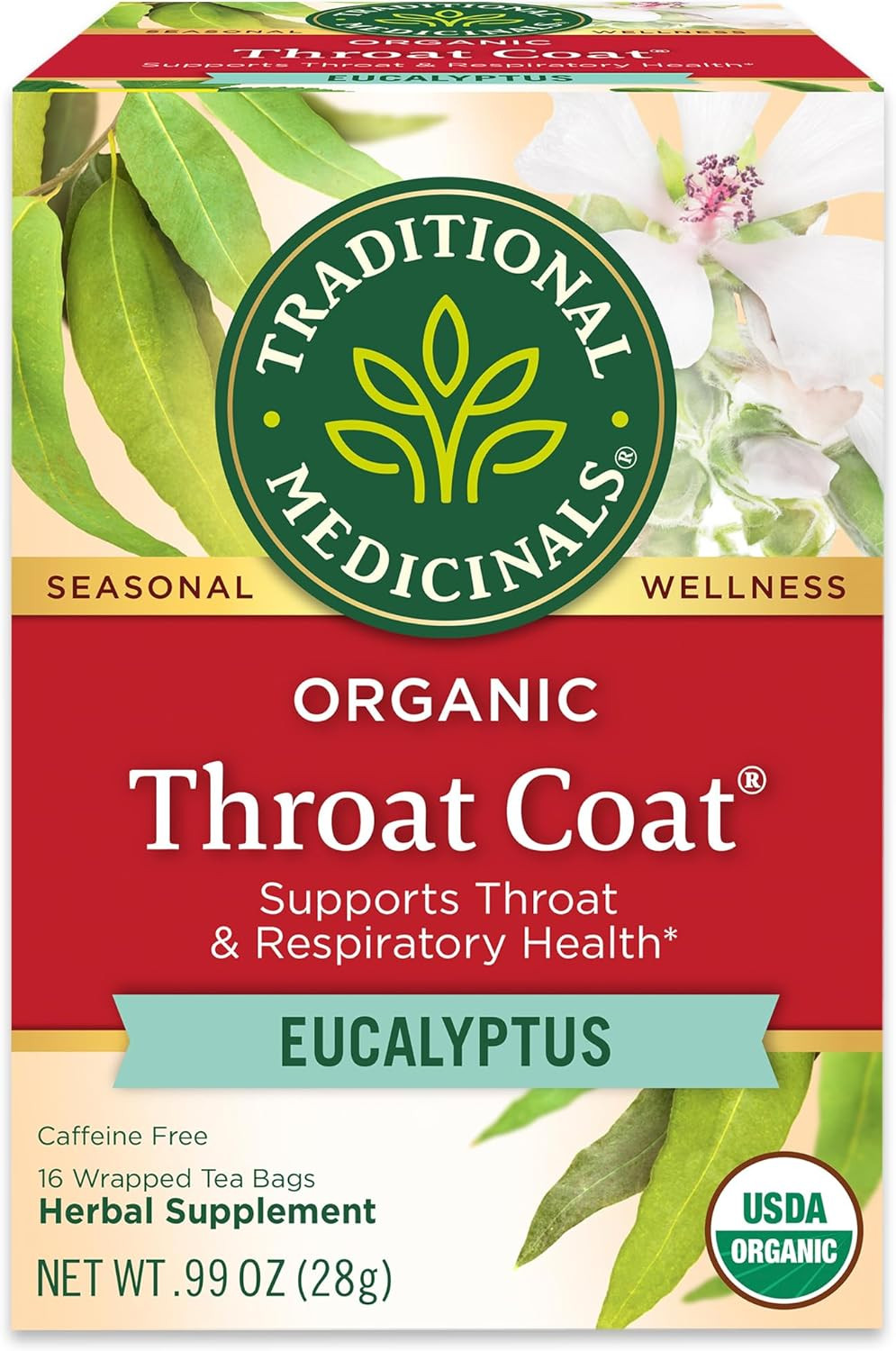 Organic, Throat Coat Tea, Eucalyptus & Slippery Elm – Supports Respiratory and T