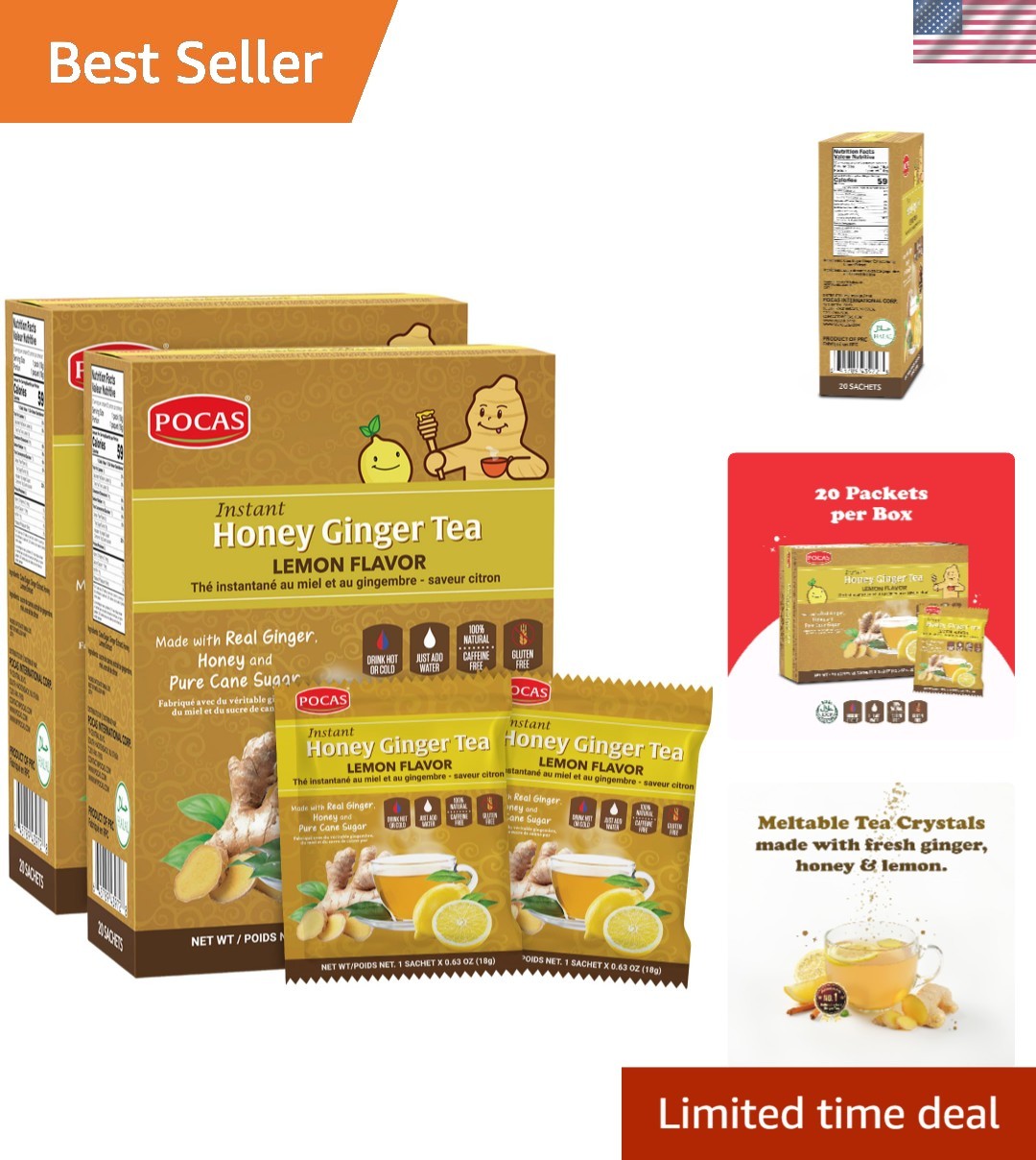 Natural Honey Ginger Instant Tea Powder with Lemon Flavor – 2-Pack for Digestion
