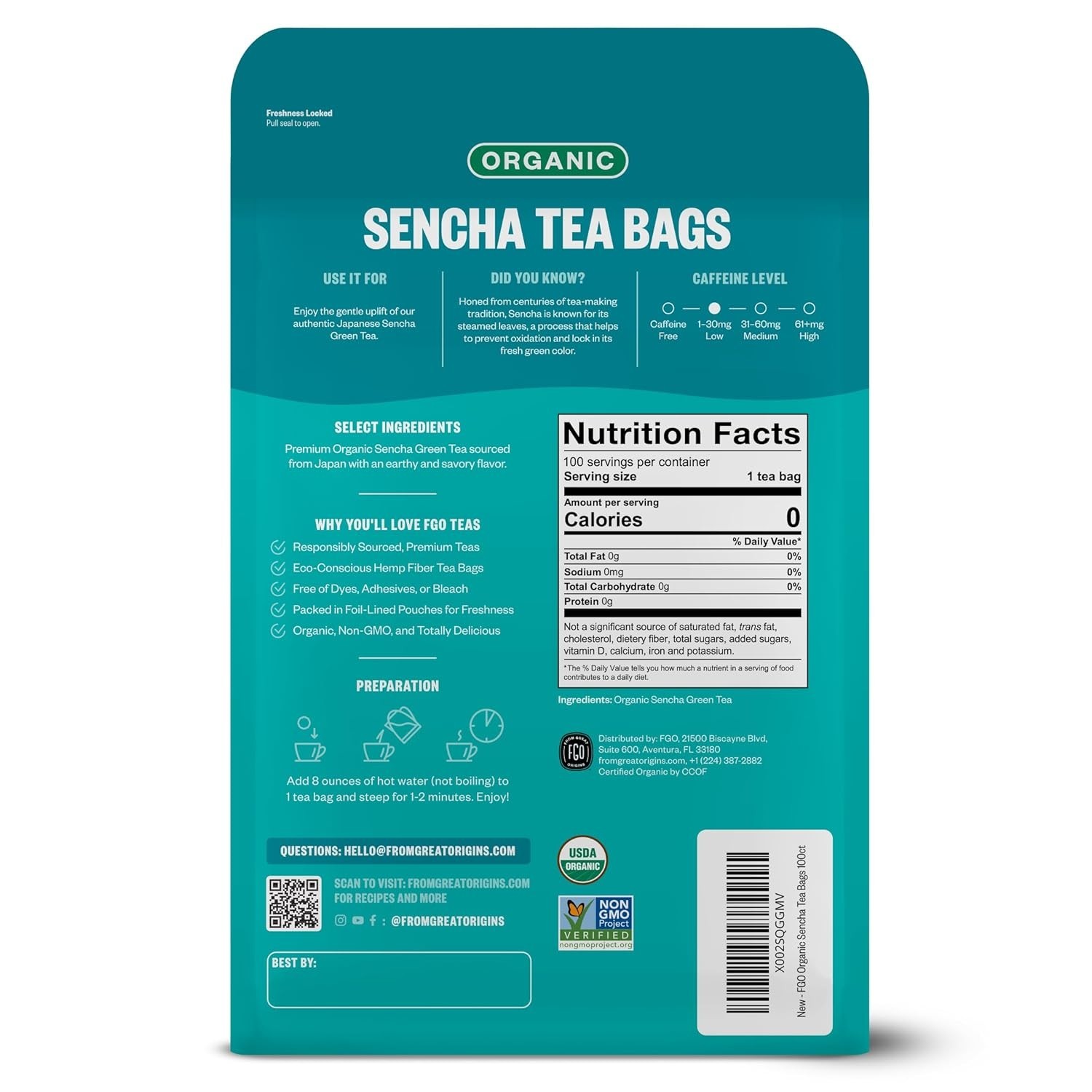 Organic Sencha Green Tea, 100 Count, Eco-Conscious Tea Bags, Resealable Bag, …