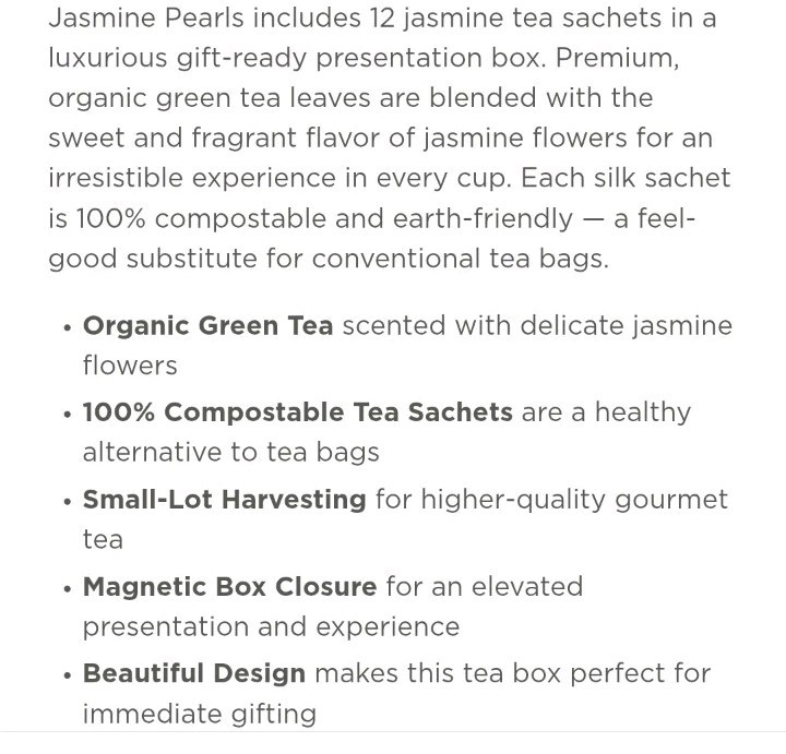 TEABLOOM Organic Jasmine Pearls 12 Premium Green Tea Pyramid Sachets