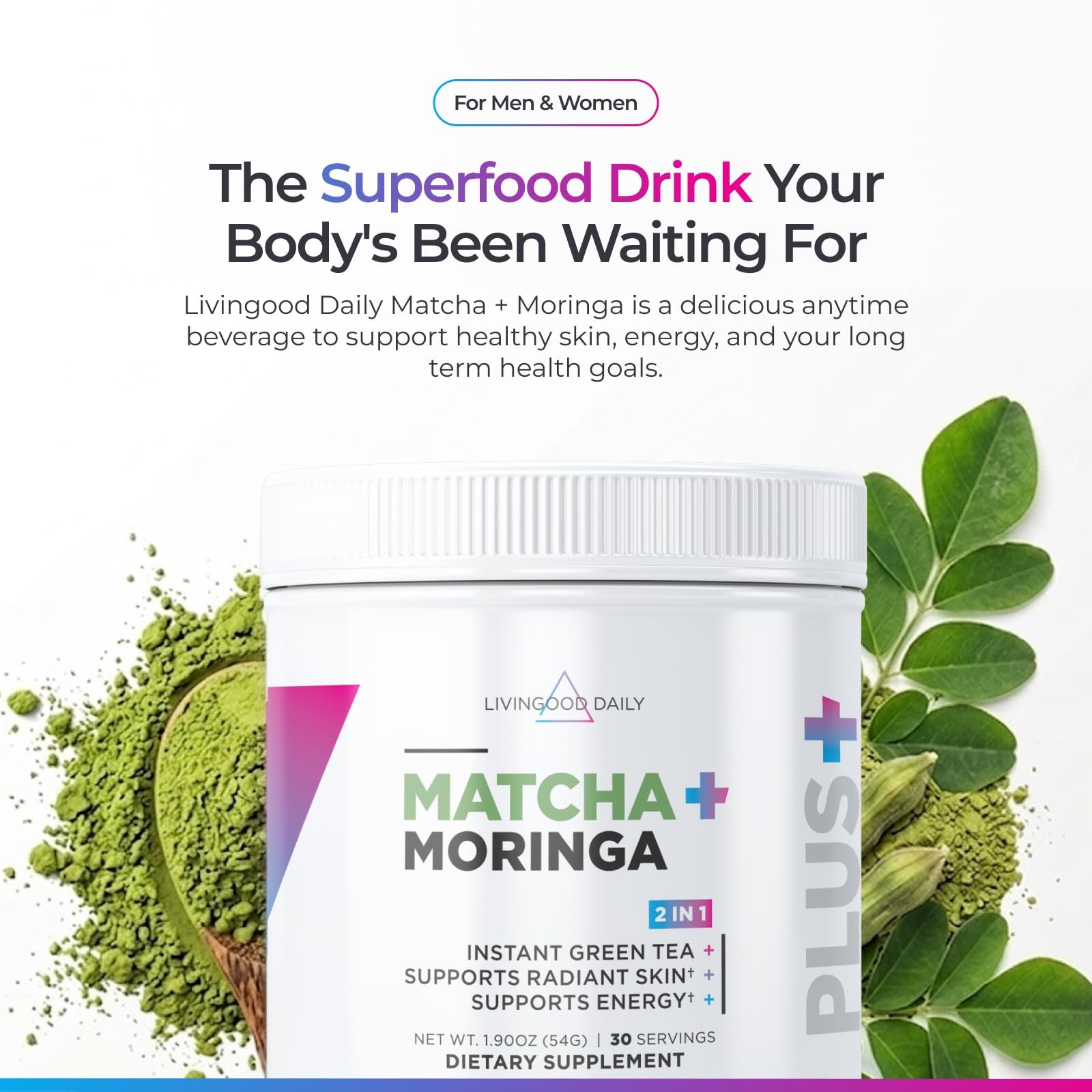 Livingood Daily Matcha + Moringa Powder, 30 Servings 2in1 Matcha Powder and …