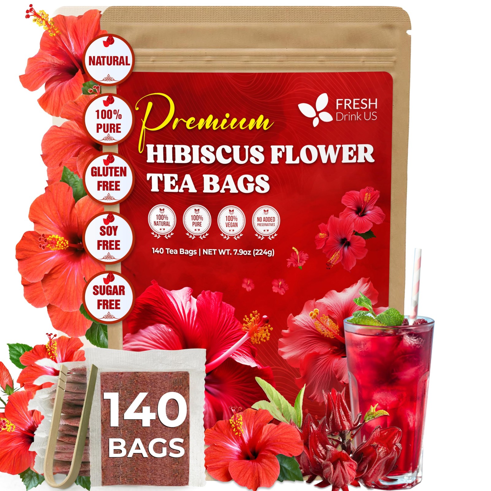 140 Hibiscus Flowers Tea Bags, 100% Natural, Pure from Hibiscus Flowers. Loose
