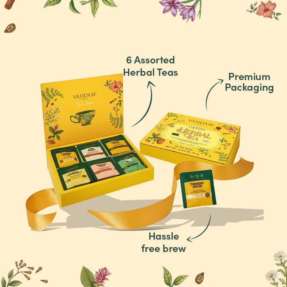 Assorted Herbal Tea Variety Pack (6 Variants, 36 Tea Bags) Caffeine Free, Gluten