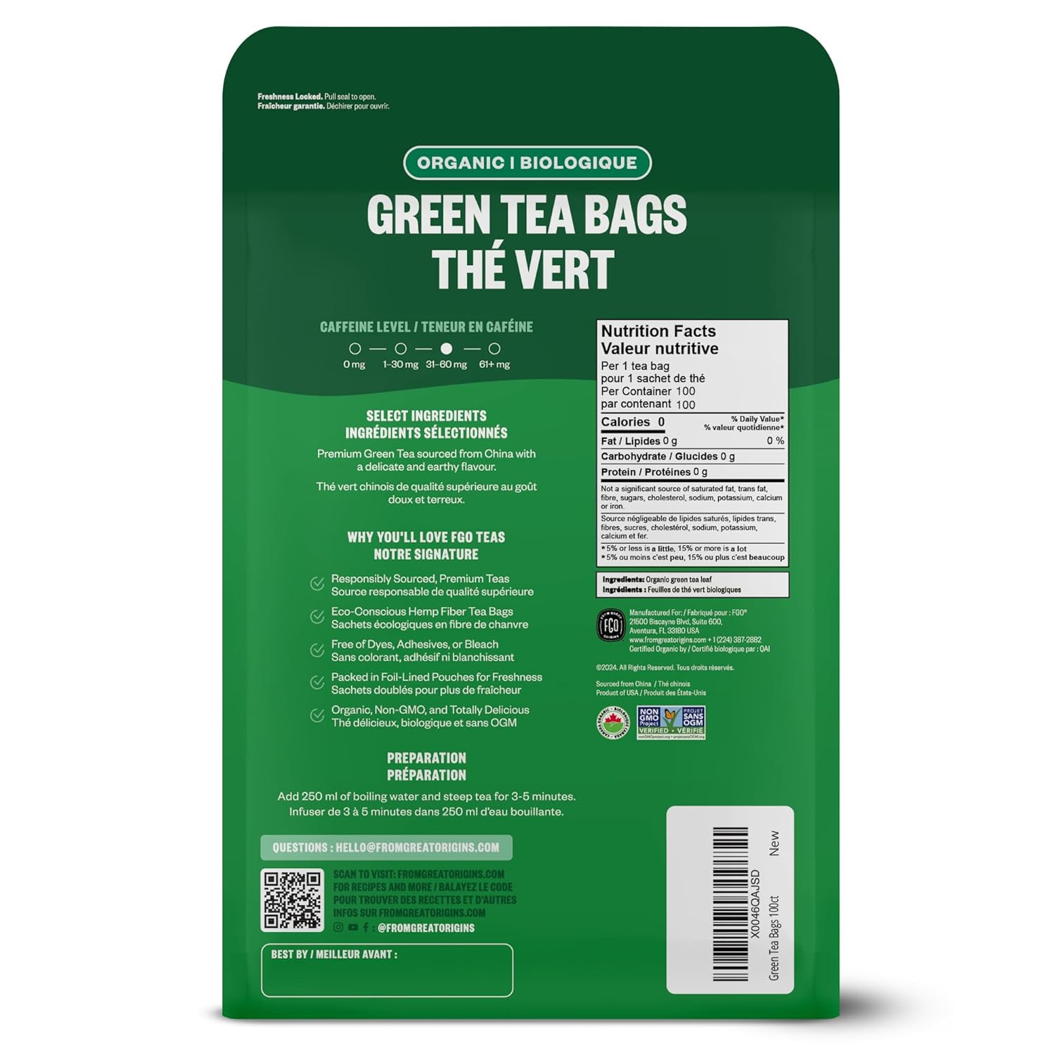FGO Organic Green Tea Bags, Caffeinated, Eco Conscious, Resealable Pouch, 100 Ct