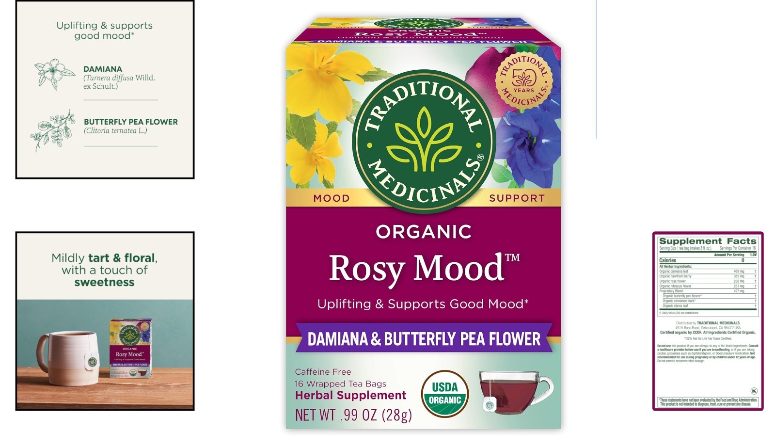 Delightful Herbal Tea – Organic Rosy Mood with Damiana & Butterfly Pea – 16 Bags