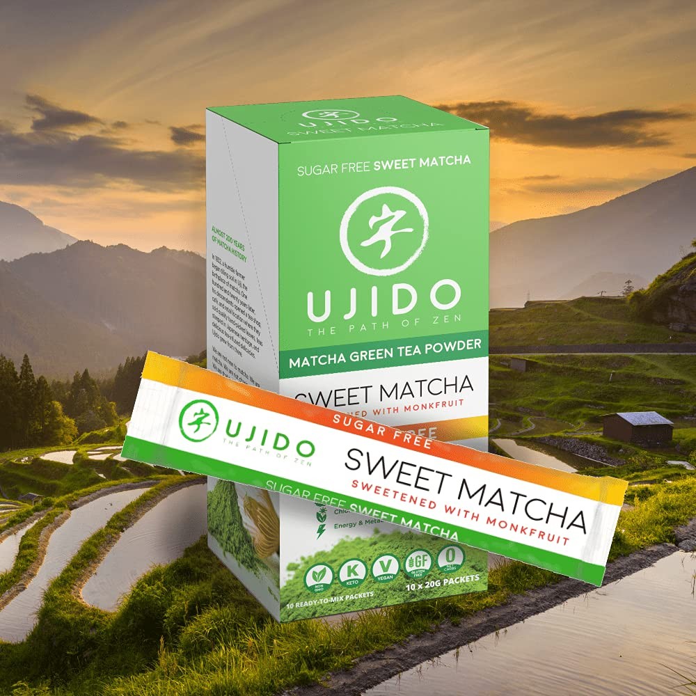 Ujido Matcha Green Tea Powder Monk Fruit Sweetened 10 Packets Sugar Free