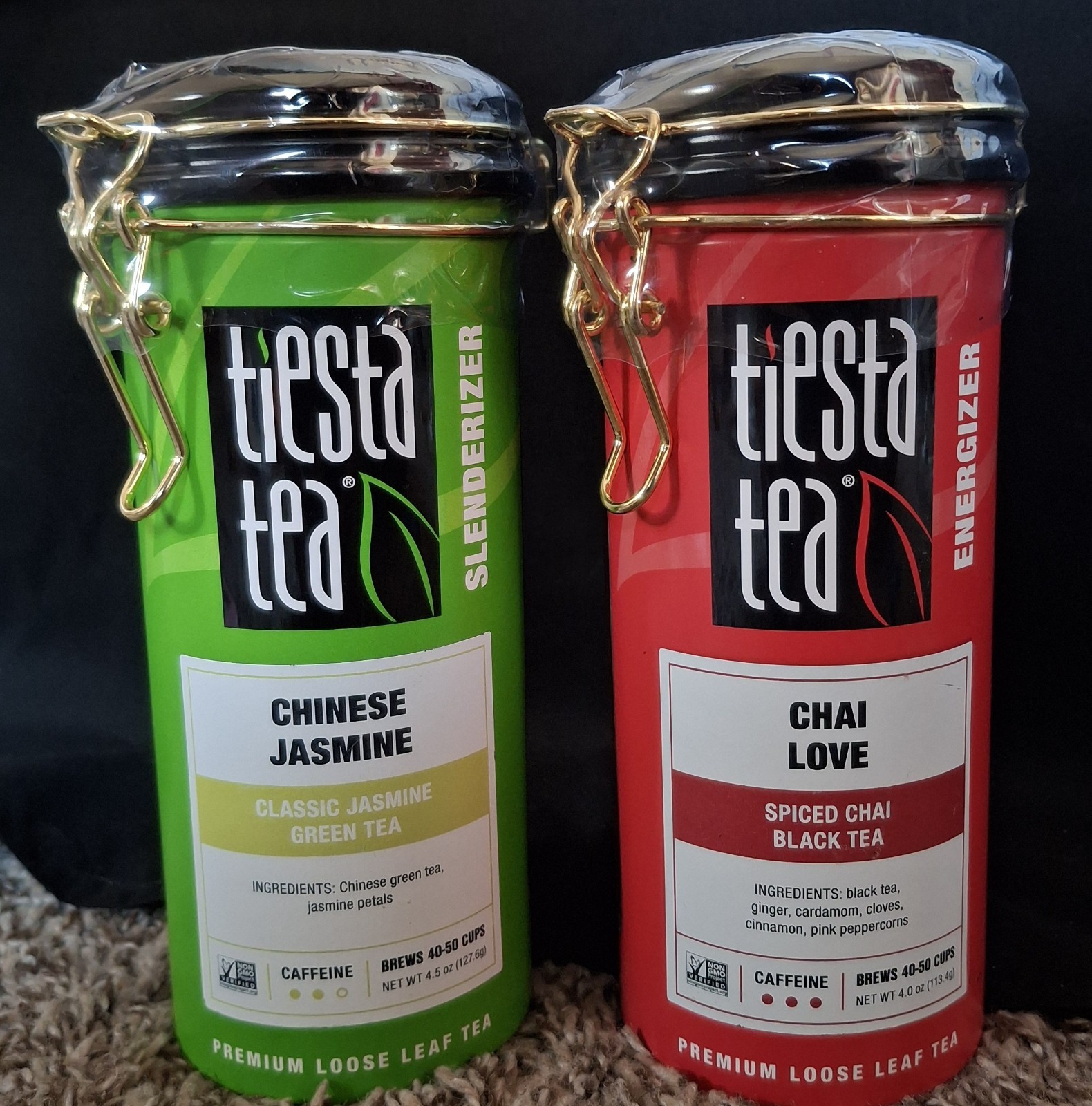 2pc Chai Love Spiced Black Tea & Chinese Jasmine Green Tea Caffeine 40-50 Cups