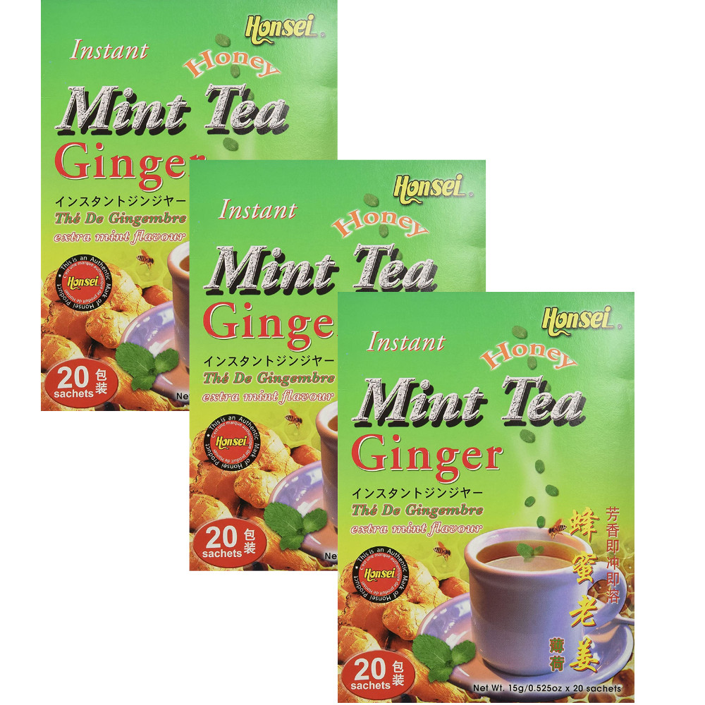 Honsei Instant Ginger Honey Mint Tea, 15g/0.52 oz.20 Sachets Each Box – 3 PACK
