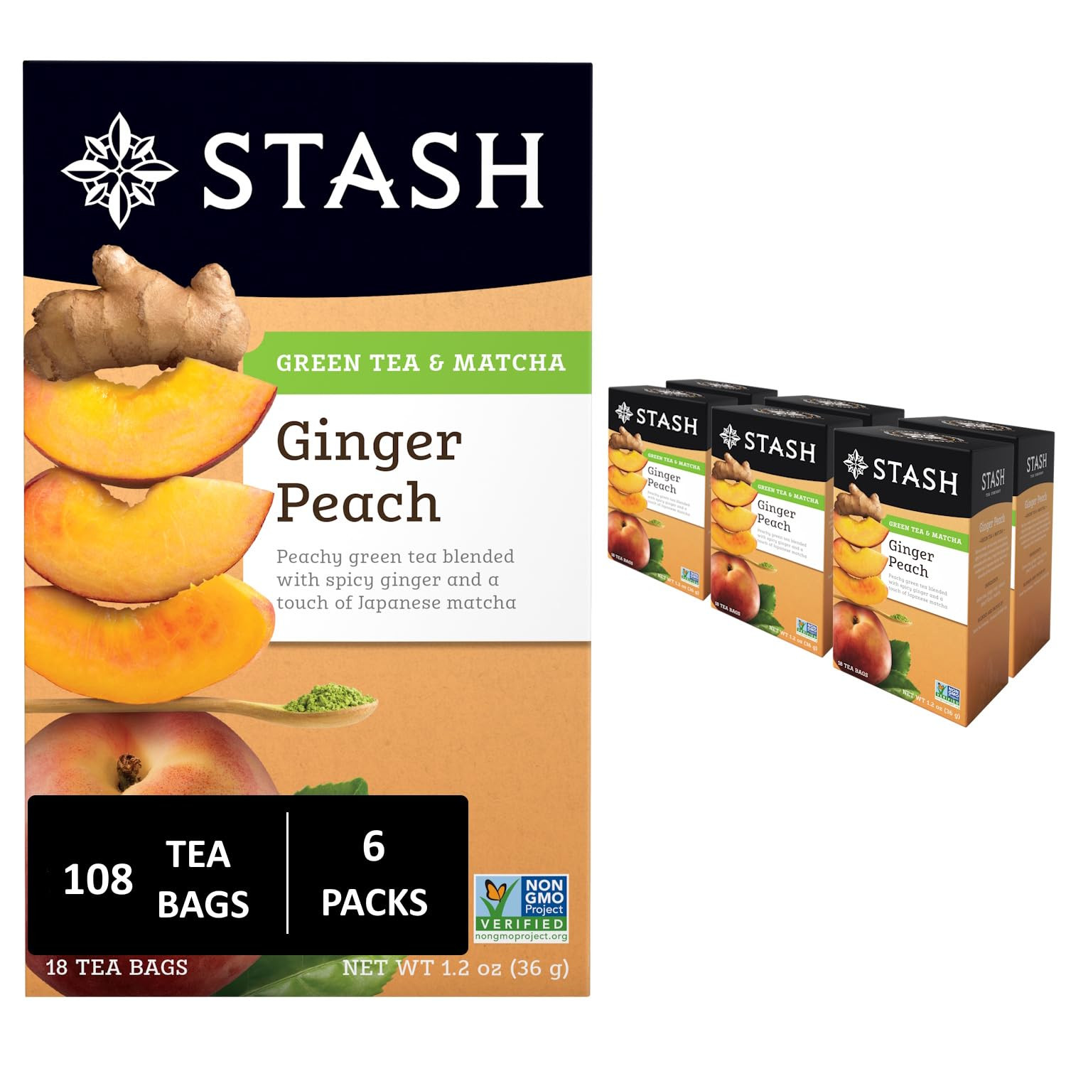 Tea Ginger Peach Green Tea – Caffeinated, Non-Gmo Project Verified Premium Tea w