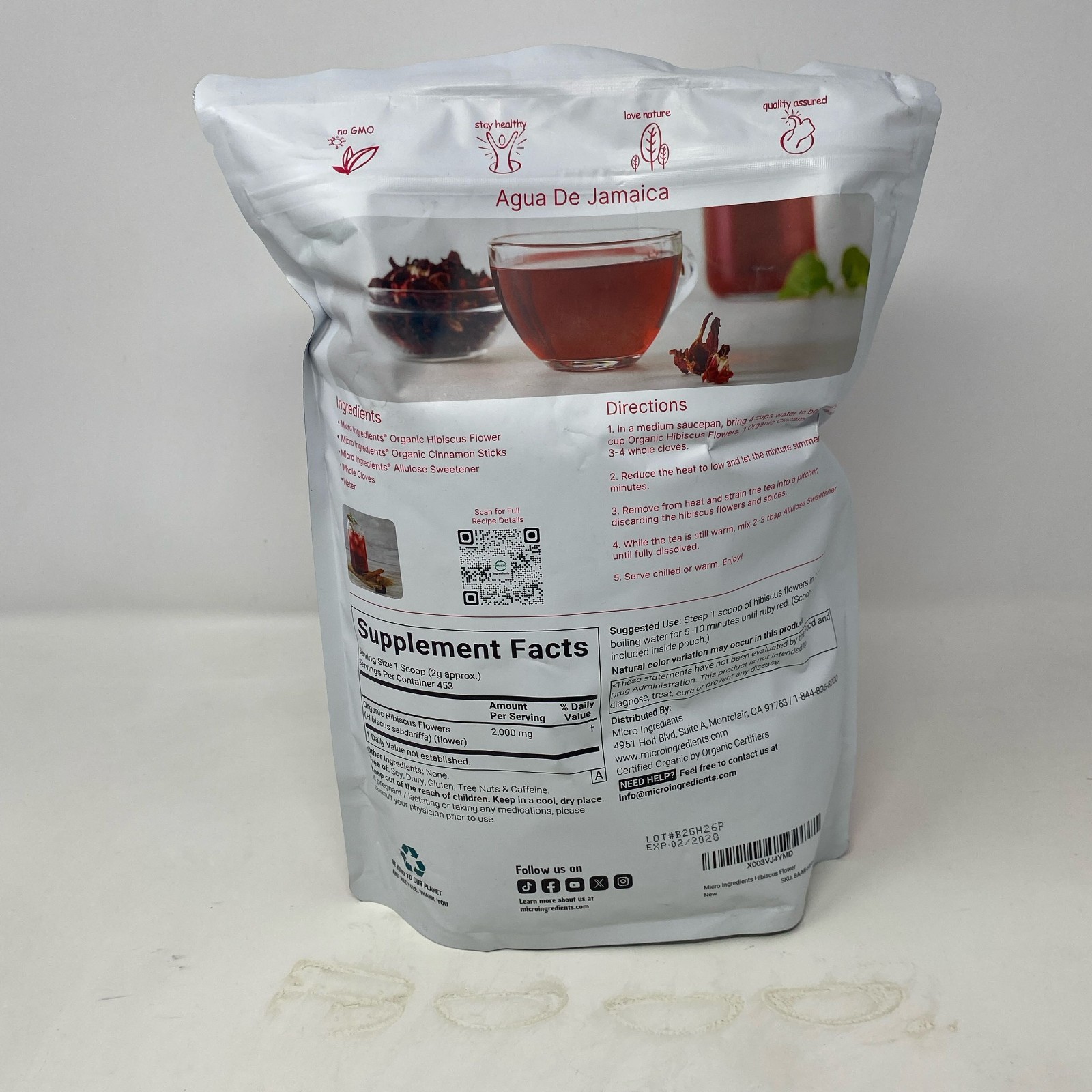 Micro Ingredients Organic Hibiscus Flowers, Red, 2 lb Loose Leaf Tea