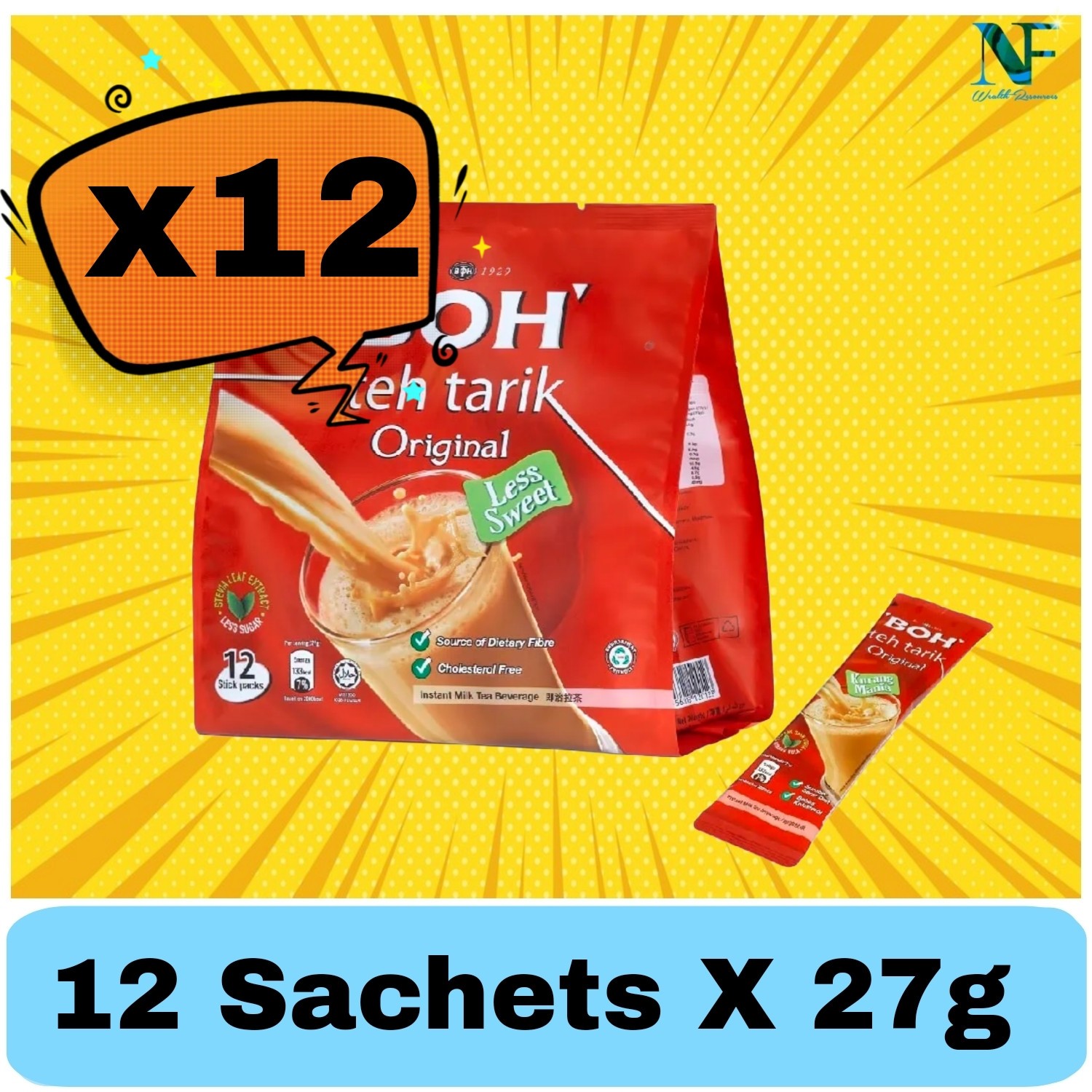 12x BOH Teh Tarik Original Pulled Tea Less Sugar Instant Tea Mix 12 Stick (27g)
