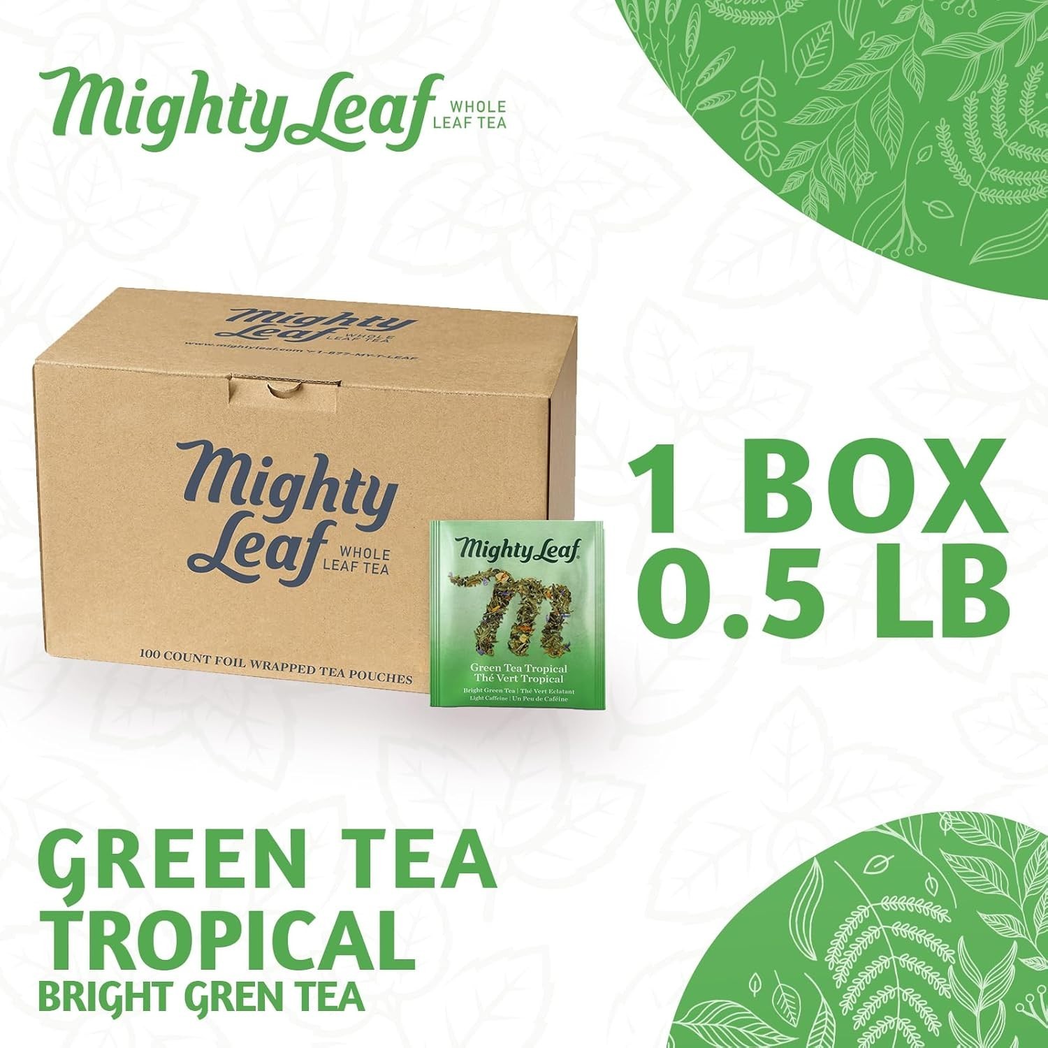 Mighty Leaf Green Tea Tropical – 100 Count Whole Leaf Green Tea Bags – Pyramid S