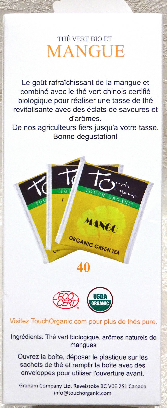 Touch Organic MANGO GREEN Tea Bags, 40 Bags, 2.5 oz