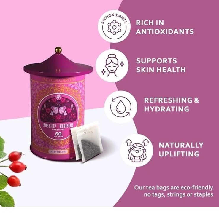 Pagoda Garden Caffeinated ROSEHIP HIBISCUS GREEN TEA 60 Bags Ex 12/2027