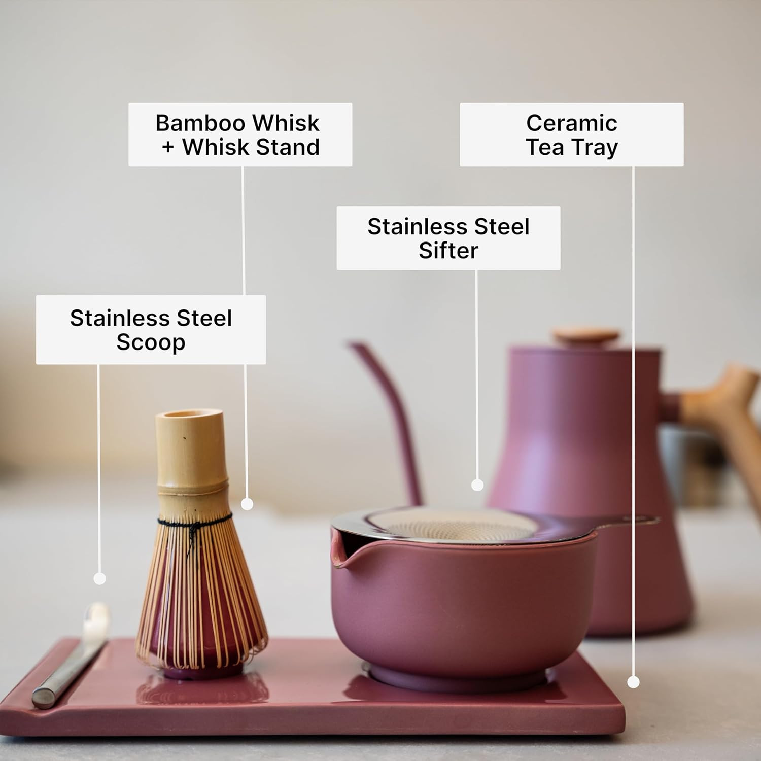 Complete Matcha Tea Set with Bowl, Whisk, Spoon & Tray – Matte White