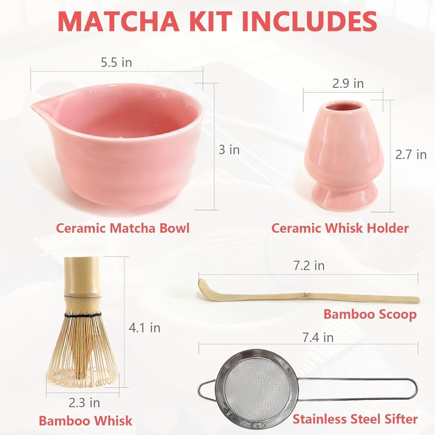 Matcha Whisk Set 5 pcs 18 oz Tea Making Bowl Kit Great for Starter Pink