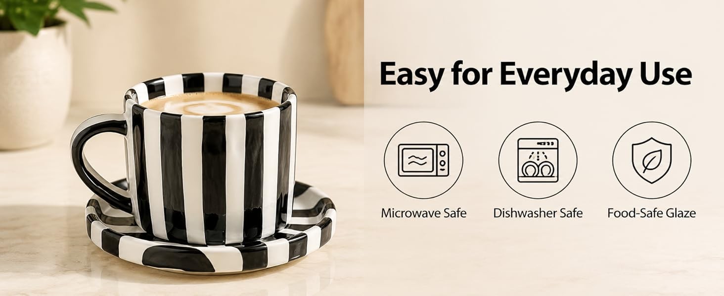 Black and White Striped Tea Cup and Saucer Set of 2, 8 oz Ceramic Coffee Mugs