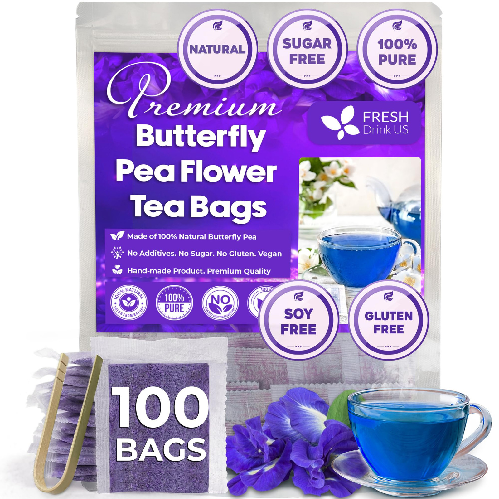 , Premium 100 Blue Butterfly Pea Flowers Tea Bags, 100% Natural and Pure from…
