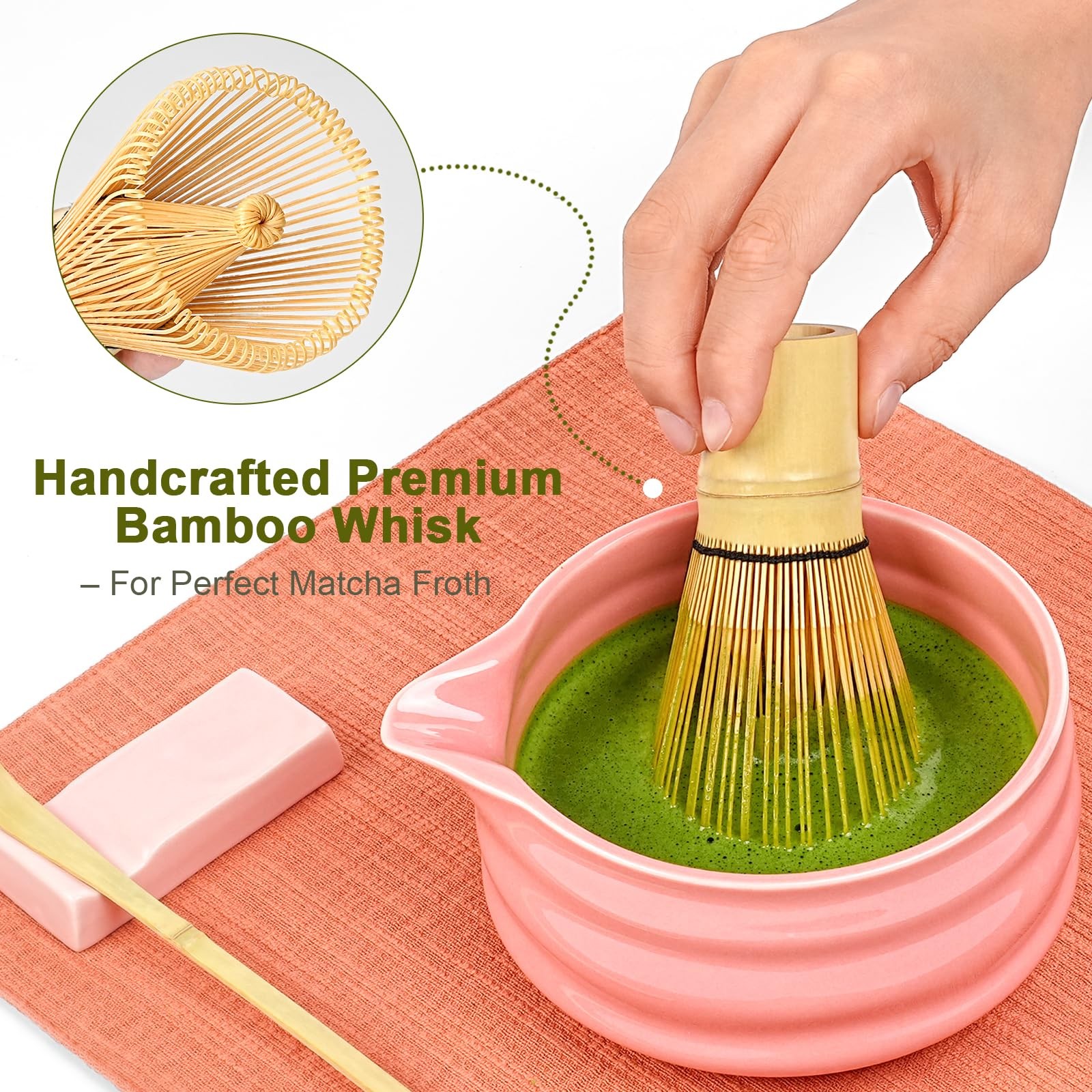 Matcha Set 7Pcs with 18oz Pink Glaze Bowl, Bamboo Whisk & Sifter – Elegant Tea