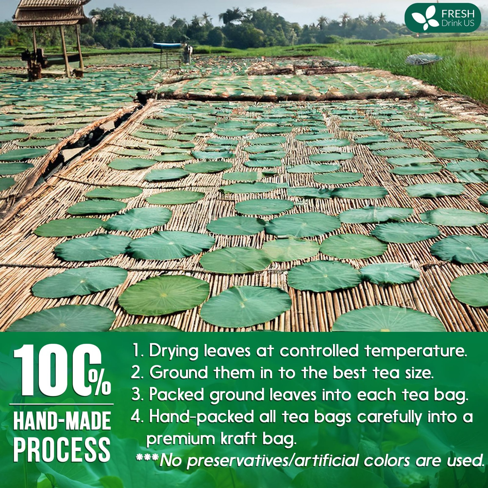 FreshDrinkUS, Premium 30 Lotus Leaf Tea Bags, 100% Natural & Pure 30 Bags